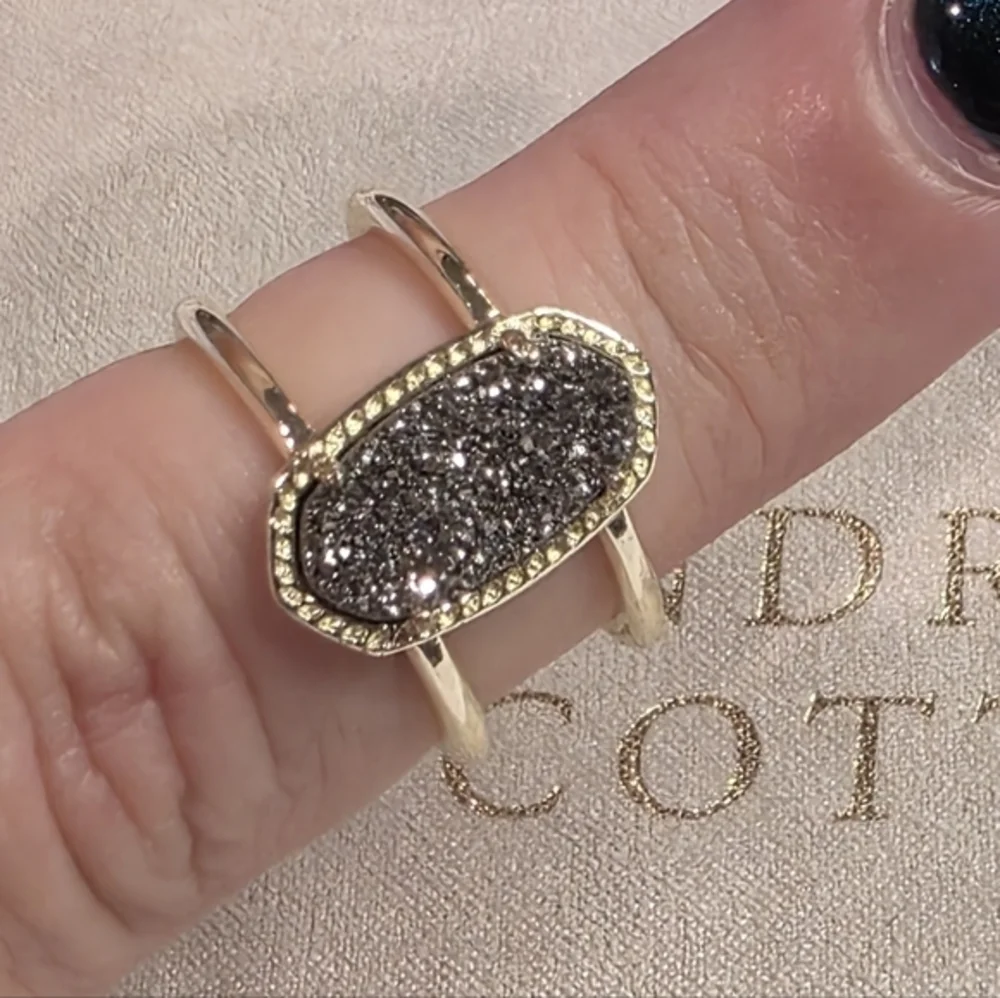 Kendra Scott Elisa Ring Gold Plated‎ Dark Gray Druzy Double Band Size 7